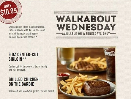 Outback Wednesday Special Menu